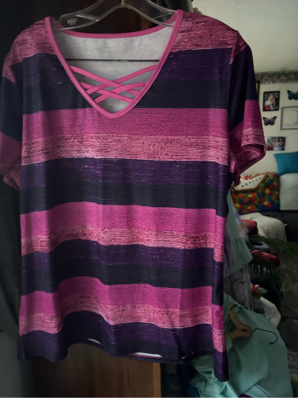 Striped V-Neck Short Sleeve Top with Lattice Detail - Pink & Purple